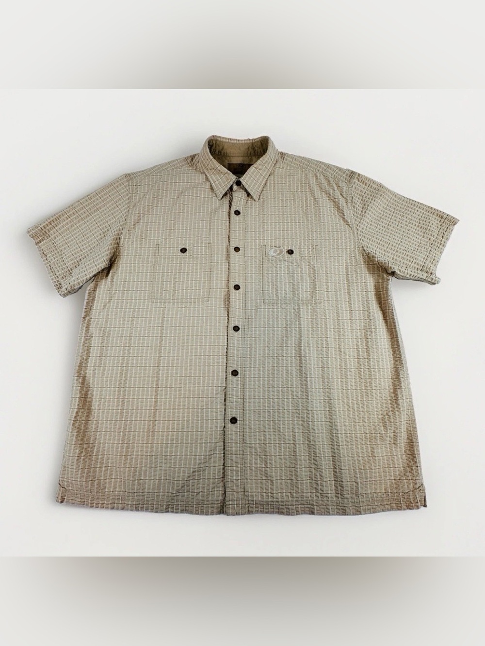 Mossy Oak Equinox Shirt Mens 2XL Tan Plaid Seersucker Short Sleeve Outdoor Hunt